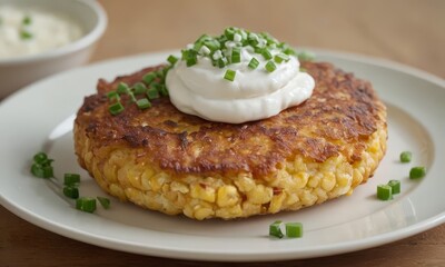 Delicious Corn Fritter Topped with Cream and Chives on White Plate