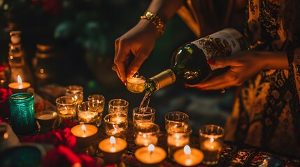 Wine is poured over lit candles in a ceremony.