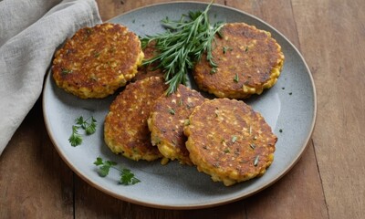 Delicious homemade corn fritters served on rustic plate with herbs garnish