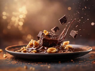 Indulgent chocolate dessert featuring rich sauce, nuts, and chocolate pieces on a dark plate with a warm background
