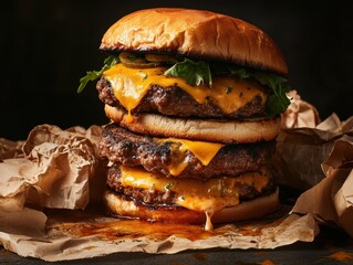 Juicy triple cheeseburger stacked high with melted cheese and fresh greens on brown parchment