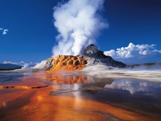 Yellowstone National Park features vibrant geothermal springs and majestic geyser activity in a clear, sunny day