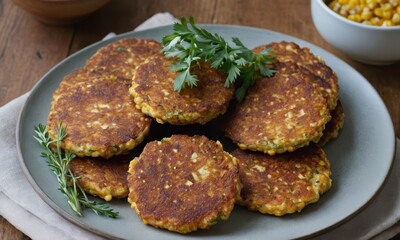Delicious homemade corn fritters plated and garnished on a wooden table, ready to be enjoyed
