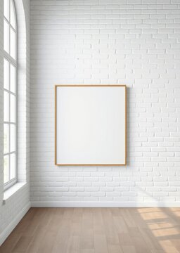 Blank square canvas frame mockup on white brick wall with natural light from side window Empty room interior design architecture blank design room