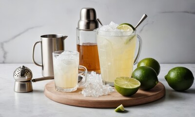 Refreshing lime cocktails with ice, a cocktail shaker and accessories