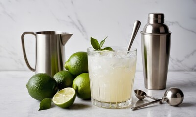Refreshing Margarita Cocktail Preparation with Fresh Limes and Barware