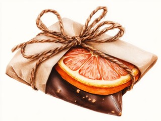 Chocolate dipped orange slice wrapped in parchment with cinnamon sticks and star anise in cozy holiday setting on white background