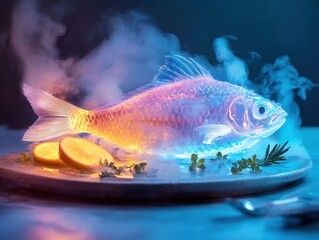 Creative display of a fish on a plate with colorful lighting and garnishes in a modern kitchen setting