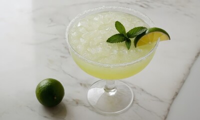 Refreshing Margarita Cocktail with Lime and Mint on Marble Surface