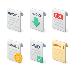 Comprehensive 3D Isometric UI UX Invoice Icons Set Download, Paid, PDF, Transparent Background