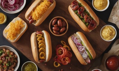 Elevated hot dog presentation featuring diverse toppings, showcasing culinary creativity and gourmet fast food appeal on wooden board