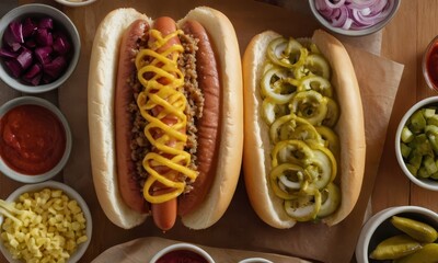 Two appetizing hot dogs with various toppings on a wooden surface in eye-level close up shot