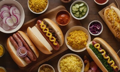 Delicious and Colorful Hot Dogs with Toppings Displayed on a Wooden Table
