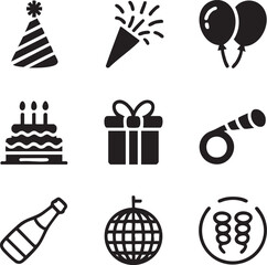 Birthday party celebration icons black and white vector icon set containing cake gift balloons and more
