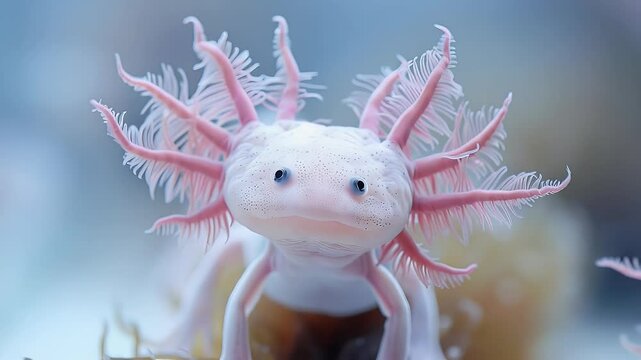 Close up portrait of an Axolotl showcasing intricate feathery gills and delicate pink coloration against a blurred aquatic background
