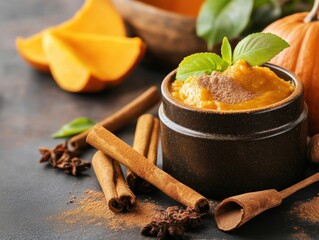 Delicious pumpkin puree and spices arranged on a rustic table for autumn cooking