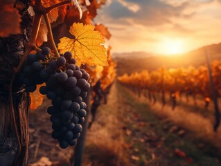 Vineyard at sunset with ripe grapes and vibrant autumn colors in a peaceful rural landscape