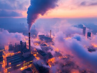 Industrial skyline at sunset with smoke and fog creating a dramatic atmosphere over a city landscape