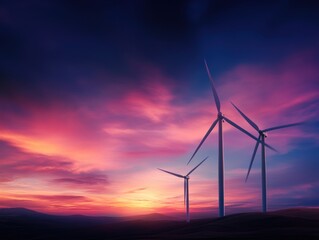 Wind turbines silhouetted against a vibrant sunset in a rural landscape