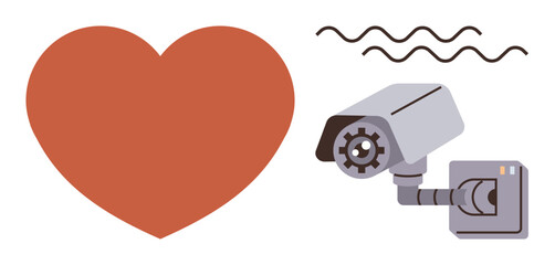Security camera facing large red heart with signal lines above, representing privacy, love, technology, and observation. Ideal for privacy, surveillance, love, technology relationships trust