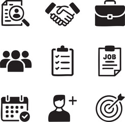 Black and white business and employment icon set vector illustration graphic,business elements,hiring,recruitment,goals,and collaboration