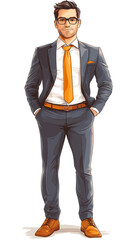 Professional man wearing glasses and suit with orange tie standing  