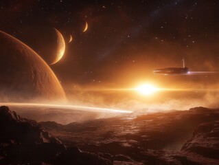 Vivid view of distant planets and a spaceship navigating through a cosmic landscape at sunset