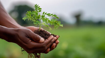 Fototapeta premium Hands holding a small plant in soil during bright daylight on a farm