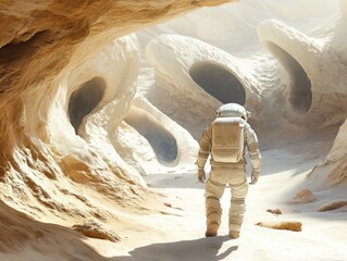 Astronaut exploring alien cave with unique geological formations on distant planet in a surreal environment
