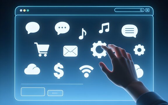 Glowing Interface: Hand Interacting with Digital Icons on a Blue Screen - Powered by Adobe