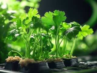 Fresh cilantro growing in a hydroponic garden under artificial light for an indoor farming project