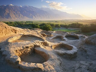 Ancient settlement ruins at sunrise with mountains in the background