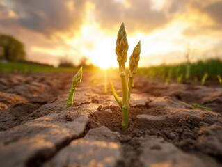 Asparagus sprouts emerging from dry soil at sunset in a rural field