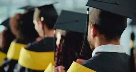 Man, students and applause at graduation ceremony for education, achievement and announcement. Back, people and clapping hands in row for award event, academic success and congratulations for diploma