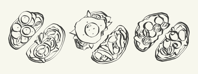 Whimsical chalk tapas and charcuterie doodles. Quirky icons of food and breakfast meals in crayon style. Trendy art for menus and invitations. La dolce vita italian vector illustration