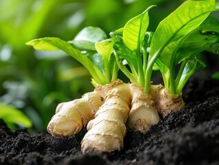 Freshly harvested ginger root with vibrant green leaves growing in rich soil