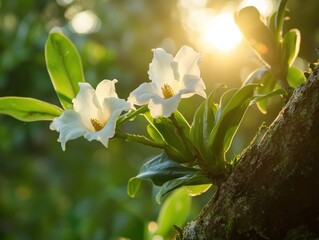 Flowers bloom on a tree branch during golden hour in a serene garden setting with soft sunlight illuminating the petals