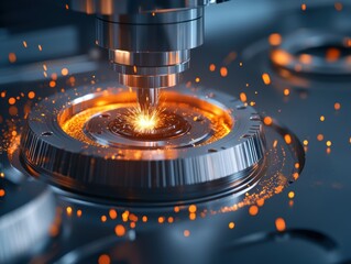 Precision laser cutting in a high-tech manufacturing facility during the evening hours