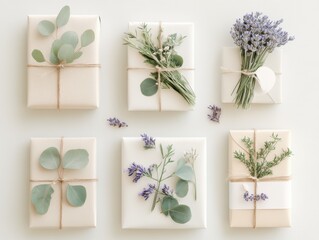 Beautifully arranged gift packages decorated with fresh herbs and flowers on a minimalist surface