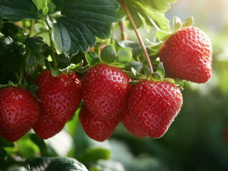 Freshly picked strawberries hang under the sunlight on a lush green plant in a vibrant garden setting