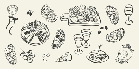 Whimsical chalk food and charcuterie doodles. Quirky icons of breakfast and dinner meals in crayon style. Trendy art for menus and invitations. La dolce vita italian vector illustration