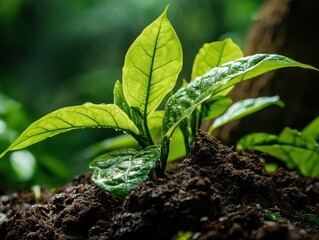 New green leaves growing from rich soil in a lush forest setting during a sunny day