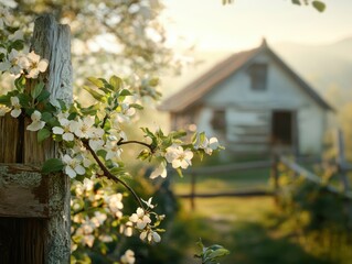 Blossoming apple tree branches frame a serene countryside cottage during golden hour
