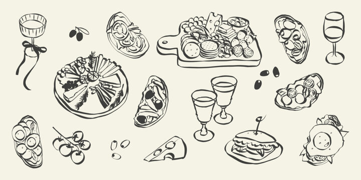Naklejki Whimsical chalk food and charcuterie doodles. Quirky icons of breakfast and dinner meals in crayon style. Trendy art for menus and invitations. La dolce vita italian vector illustration