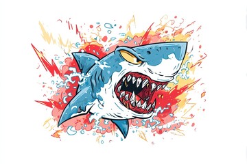 Shark with open mouth full of sharp teeth and water splash. Generative Ai
