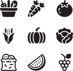 Black and white vegetable and fruit icon set featuring carrots,corn,salad,tomatoes,watermelon,grapes,potato bag,pumpkin,and cabbage