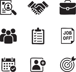 Business and recruitment icon set representing hiring goals job offer and teamwork opportunities including calendar management and successful agreements