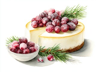 Sugar Frosted Cranberries Adorning Pine Needle Cheesecake with Creamy Ivory Tones on White Background