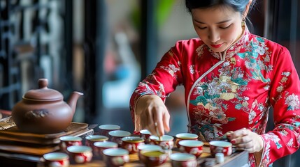 Woman pouring tea in a traditional ceremony.