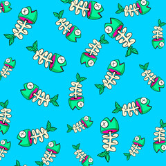 Seamless Cartoon Fish Bone Pattern on Bright Blue Background
